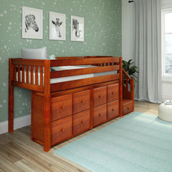 GREAT5 CS : Storage & Study Loft Beds Twin Low Loft Bed with Stairs + Storage, Slat, Chestnut