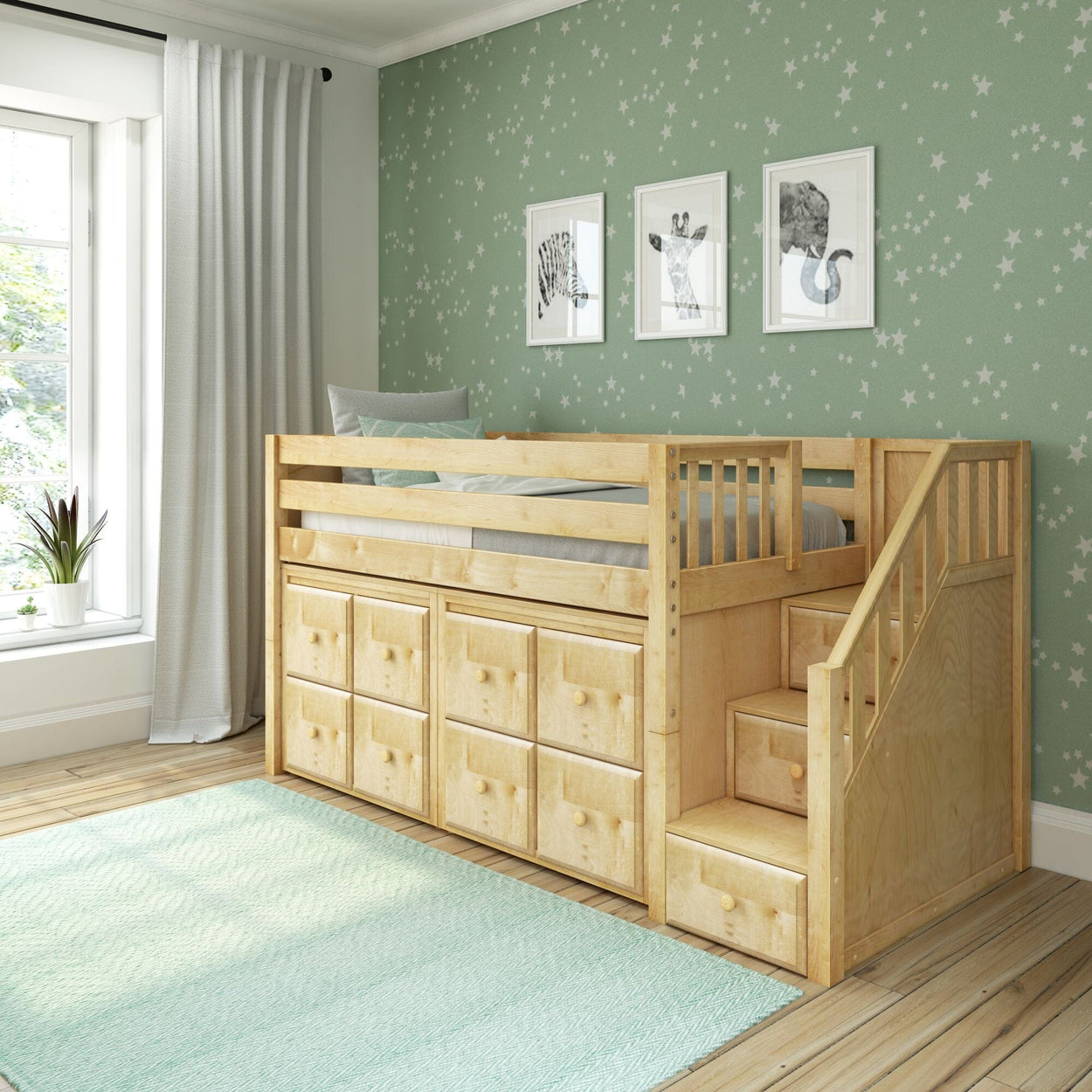 GREAT5 NP : Storage & Study Loft Beds Twin Low Loft Bed with Stairs + Storage, Panel, Natural