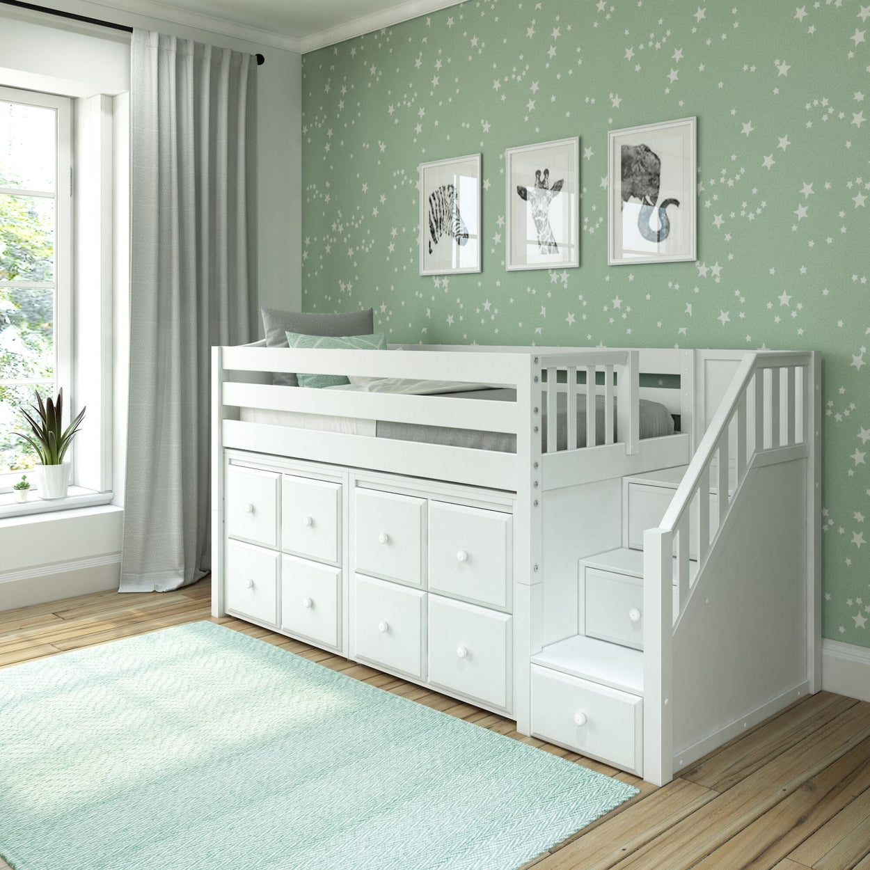 GREAT5 WC : Storage & Study Loft Beds Twin Low Loft Bed with Stairs + Storage, Curved, White