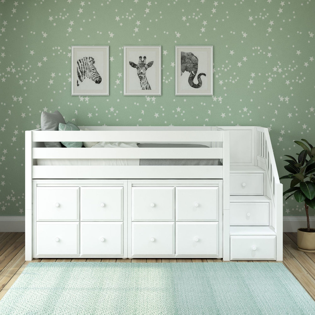 GREAT5 WP : Storage & Study Loft Beds Twin Low Loft Bed with Stairs + Storage, Panel, White