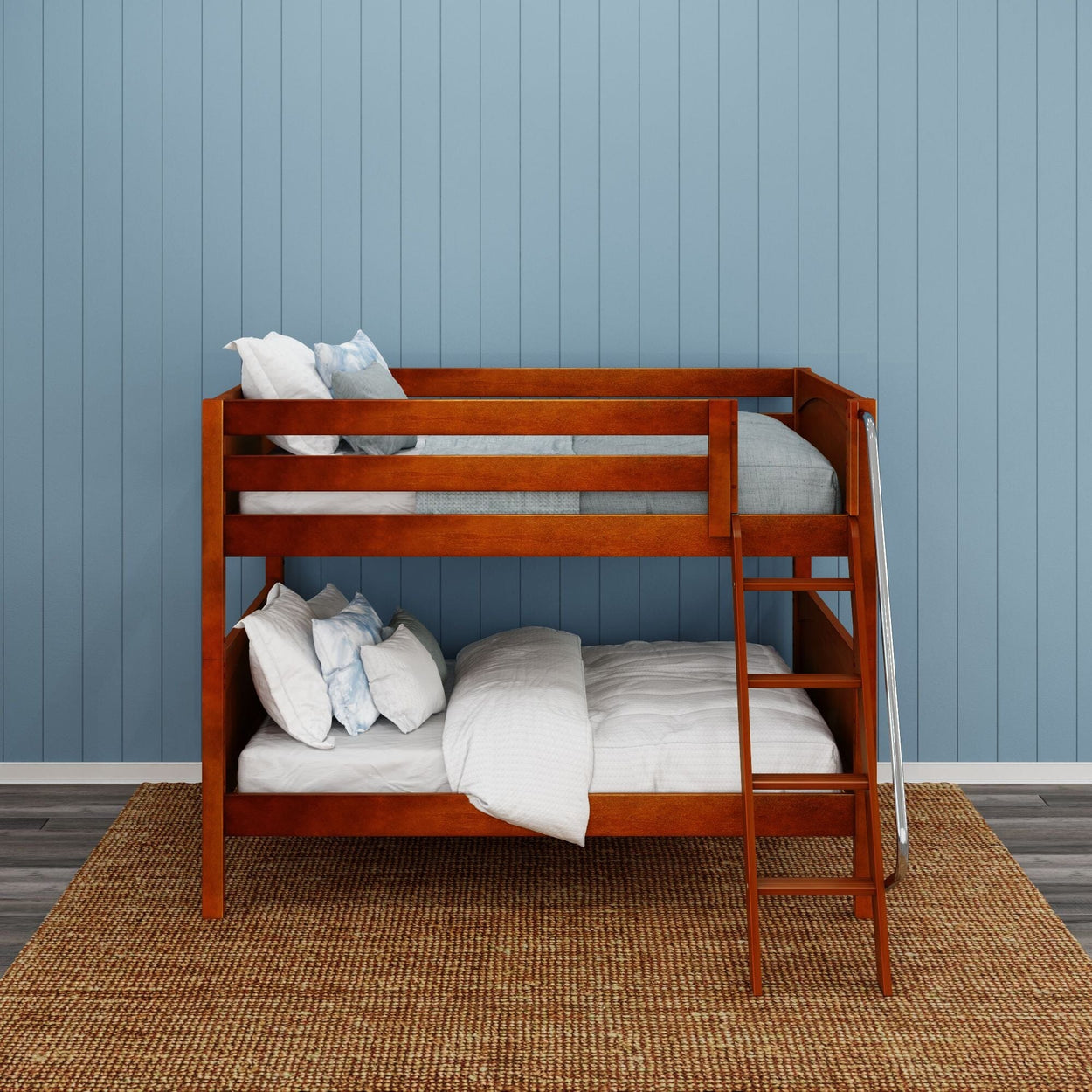 GULP CP : Classic Bunk Beds Full Low Bunk Bed with Angled Ladder on Front, Panel, Chestnut