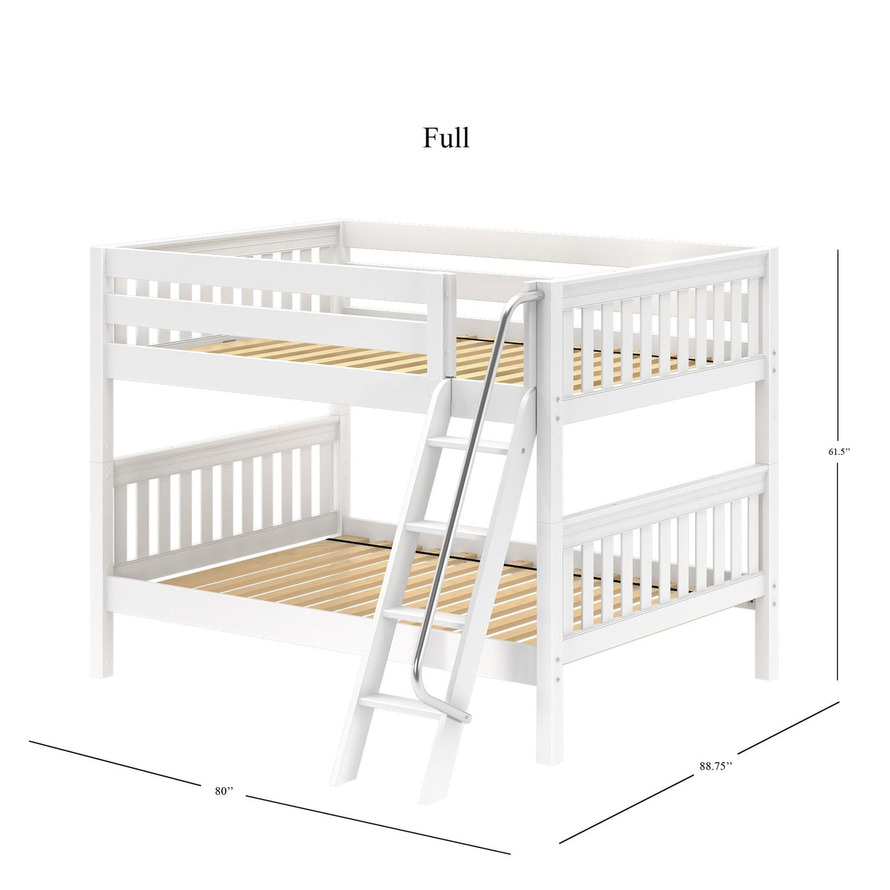 GULP WS : Classic Bunk Beds Full Low Bunk Bed with Angled Ladder on Front, Slat, White