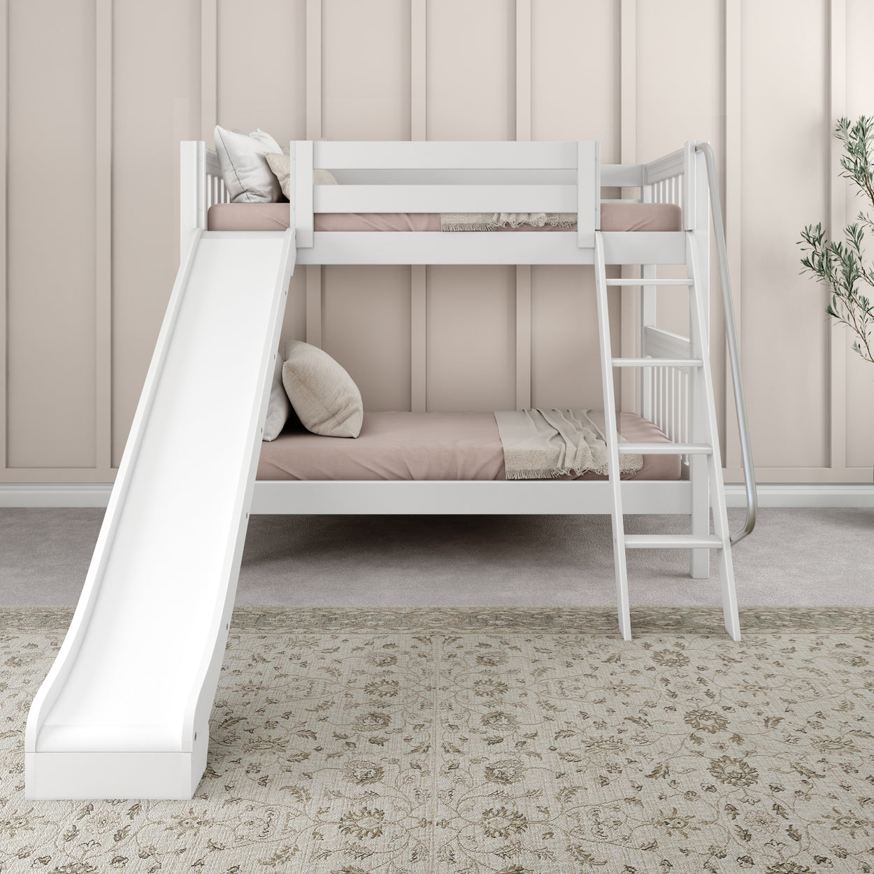 HAPPY WS : Bunk Bed Twin Medium Bunk Bed with Slide, Slat, White