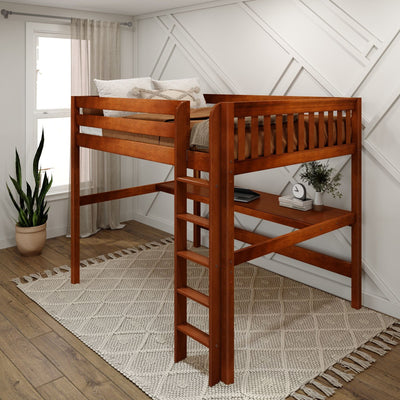 HEFTY1 XL CS : Study Loft Beds Queen High Loft Bed with Straight Ladder + Desk, Slat, Chestnut