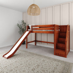 HERO CP : Loft Bed Twin Mid Loft Bed with Stairs + Slide, Panel, Chestnut