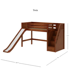 HERO CP : Play Loft Beds Twin Mid Loft Bed with Stairs + Slide, Panel, Chestnut