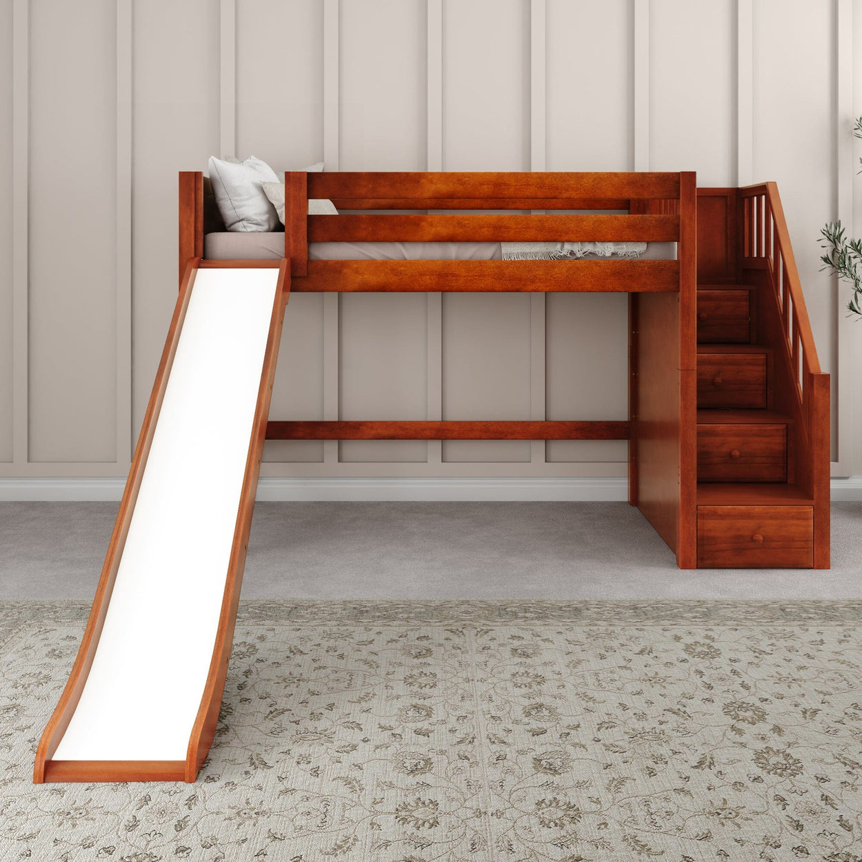 HERO CP : Loft Bed Twin Mid Loft Bed with Stairs + Slide, Panel, Chestnut