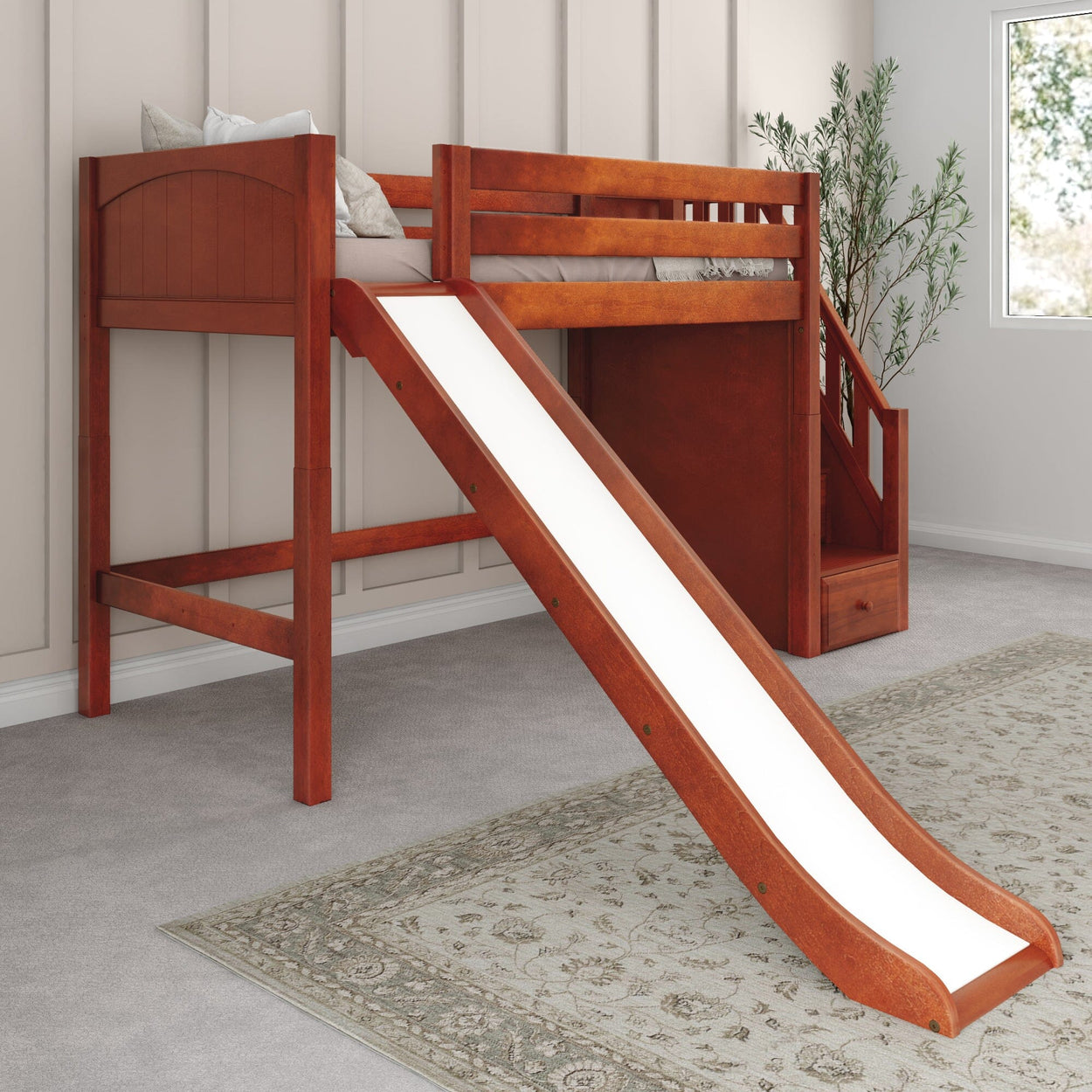 HERO CP : Loft Bed Twin Mid Loft Bed with Stairs + Slide, Panel, Chestnut