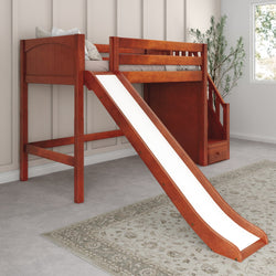 HERO CP : Play Loft Beds Twin Mid Loft Bed with Stairs + Slide, Panel, Chestnut