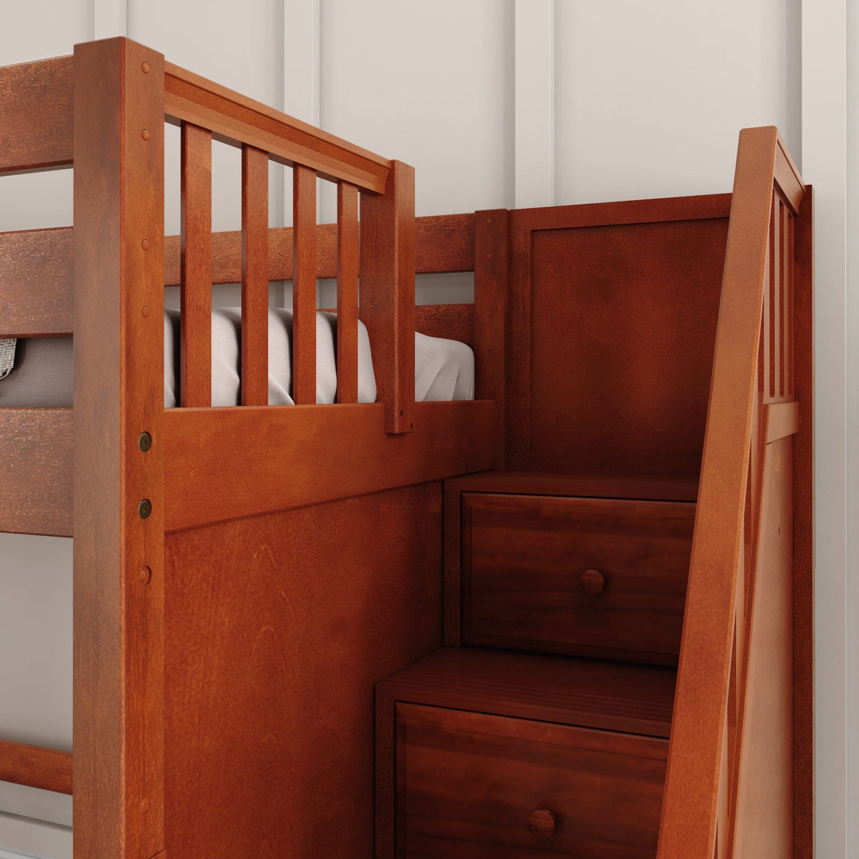 HERO CP : Loft Bed Twin Mid Loft Bed with Stairs + Slide, Panel, Chestnut