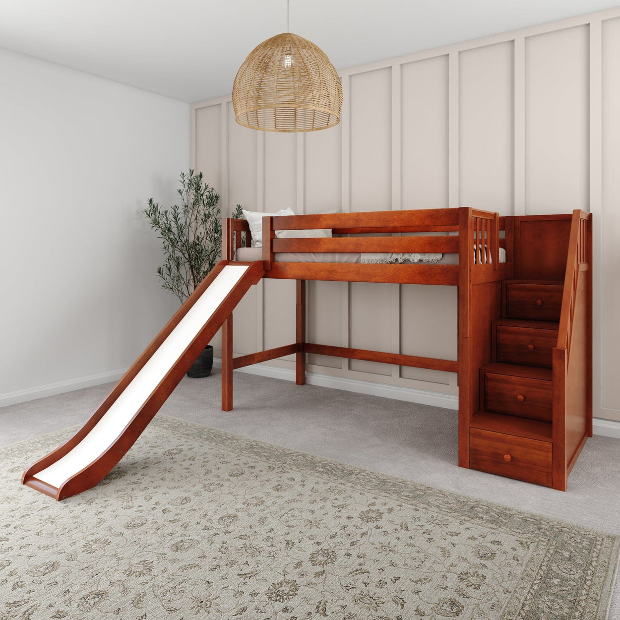 HERO CS : Play Loft Beds Twin Mid Loft Bed with Stairs + Slide, Slat, Chestnut