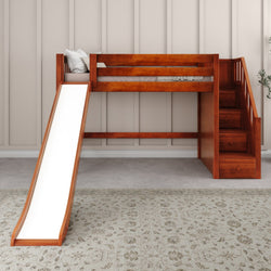 HERO CS : Loft Bed Twin Mid Loft Bed with Stairs + Slide, Slat, Chestnut