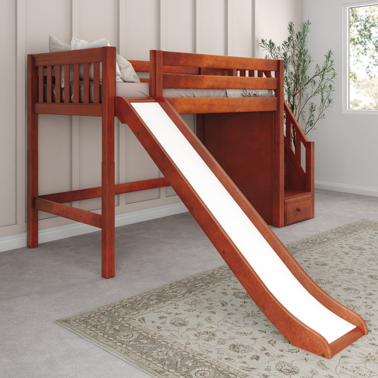 HERO CS : Play Loft Beds Twin Mid Loft Bed with Stairs + Slide, Slat, Chestnut