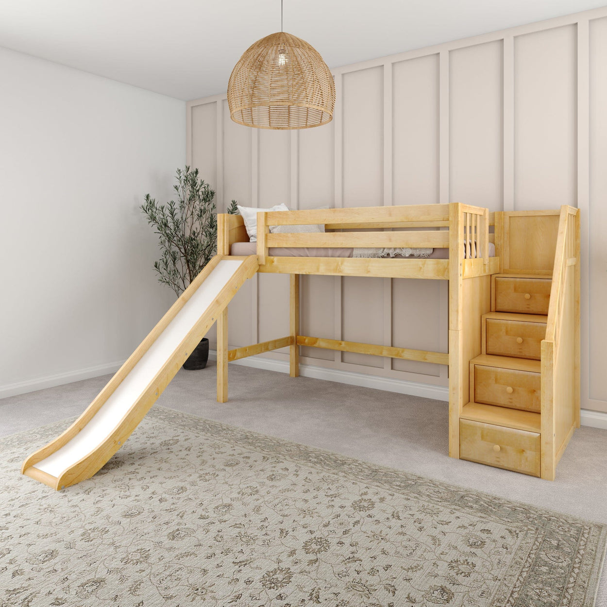 HERO NP : Loft Bed Twin Mid Loft Bed with Stairs + Slide, Panel, Natural