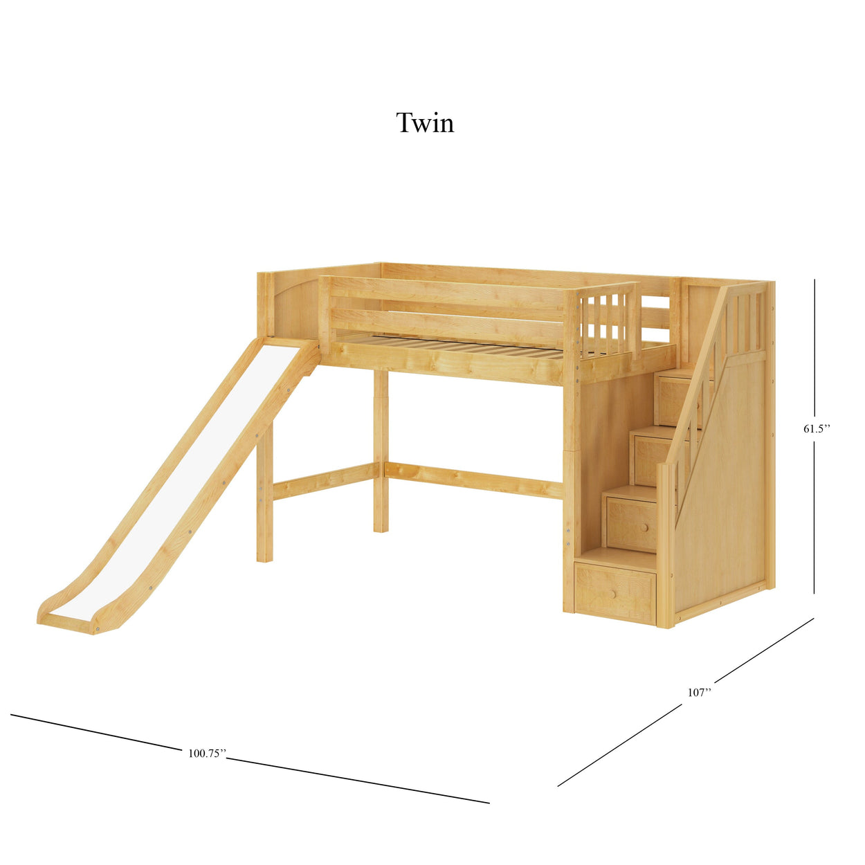 HERO NP : Play Loft Beds Twin Mid Loft Bed with Stairs + Slide, Panel, Natural