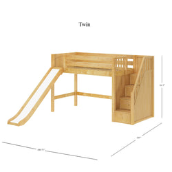 HERO NP : Play Loft Beds Twin Mid Loft Bed with Stairs + Slide, Panel, Natural