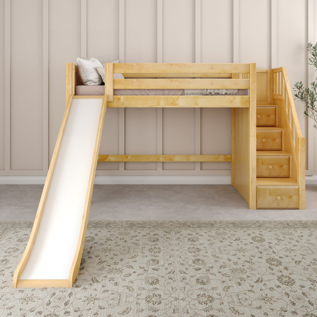 HERO NP : Loft Bed Twin Mid Loft Bed with Stairs + Slide, Panel, Natural