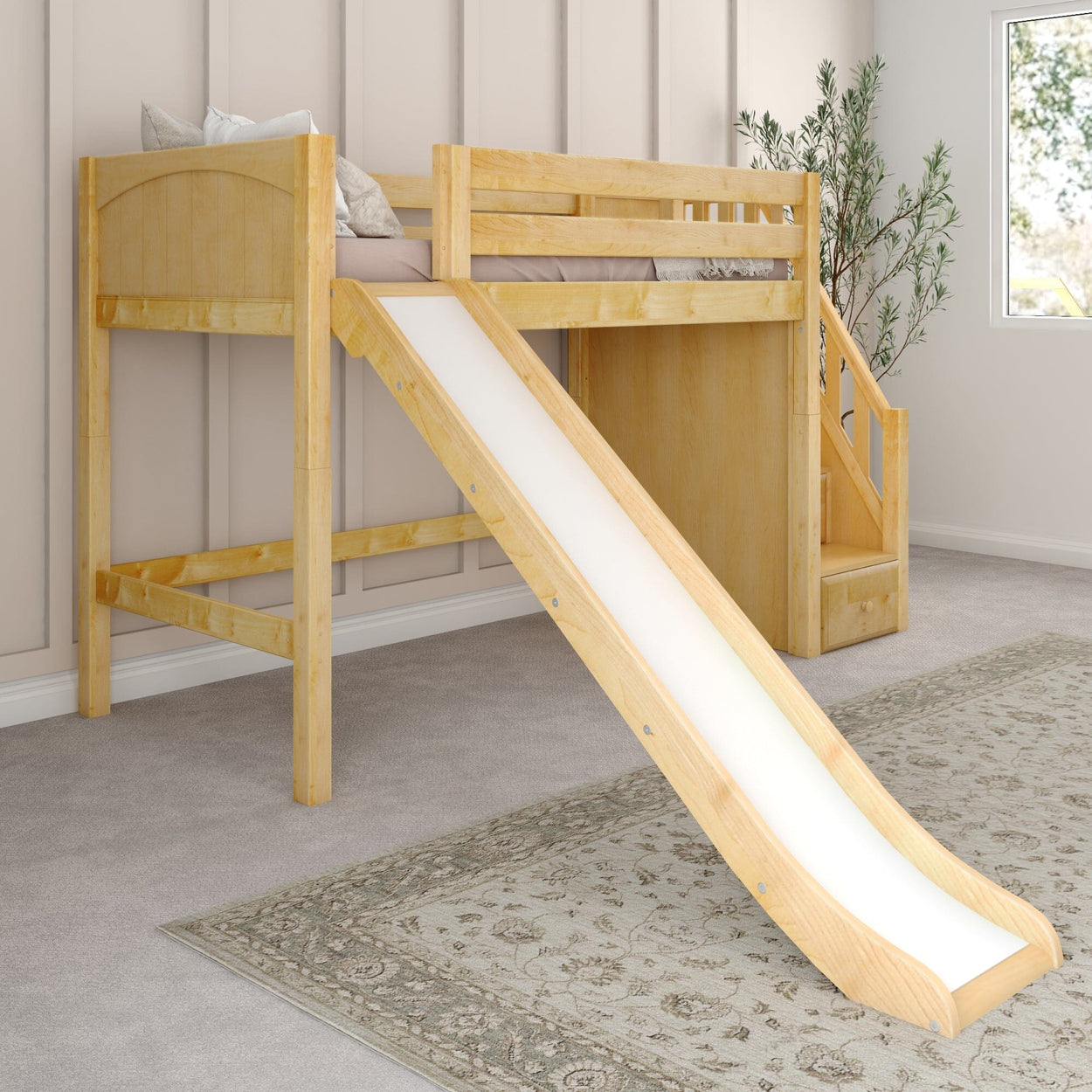 HERO NP : Loft Bed Twin Mid Loft Bed with Stairs + Slide, Panel, Natural