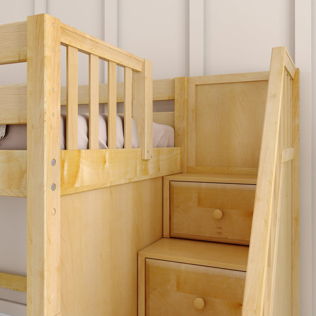 HERO NP : Play Loft Beds Twin Mid Loft Bed with Stairs + Slide, Panel, Natural