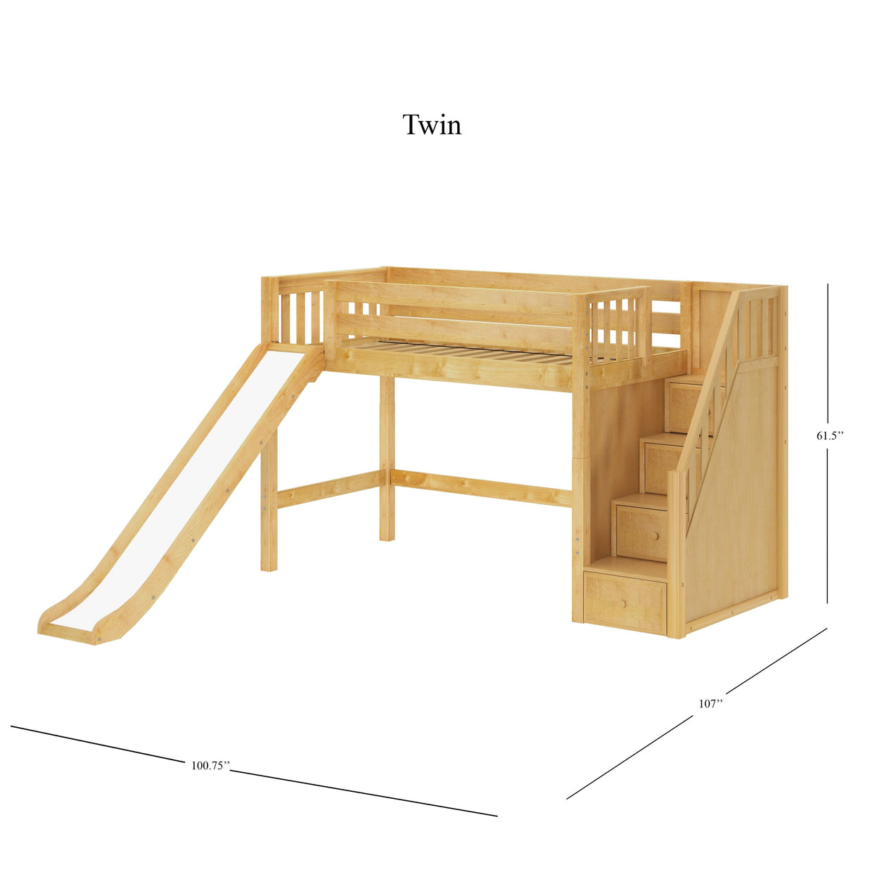 HERO NS : Play Loft Beds Twin Mid Loft Bed with Stairs + Slide, Slat, Natural