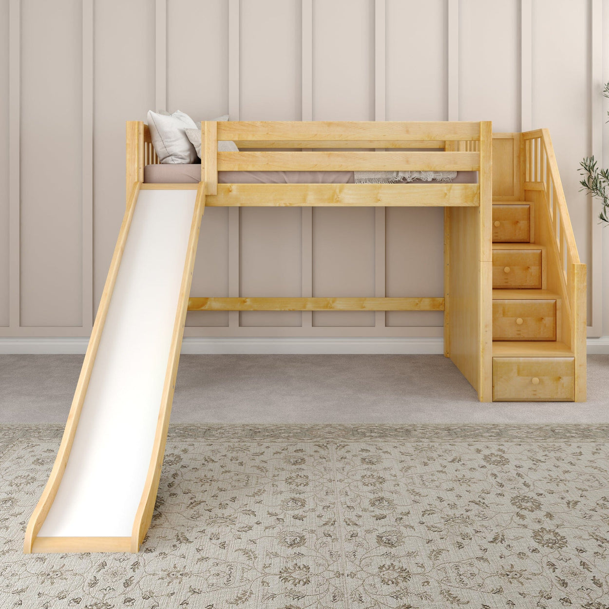 HERO NS : Play Loft Beds Twin Mid Loft Bed with Stairs + Slide, Slat, Natural