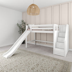 HERO WC : Loft Bed Twin Mid Loft Bed with Stairs + Slide, Curved, White