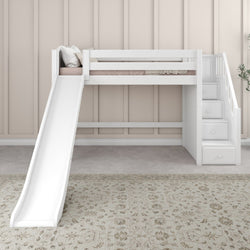 HERO WC : Play Loft Beds Twin Mid Loft Bed with Stairs + Slide, Curved, White