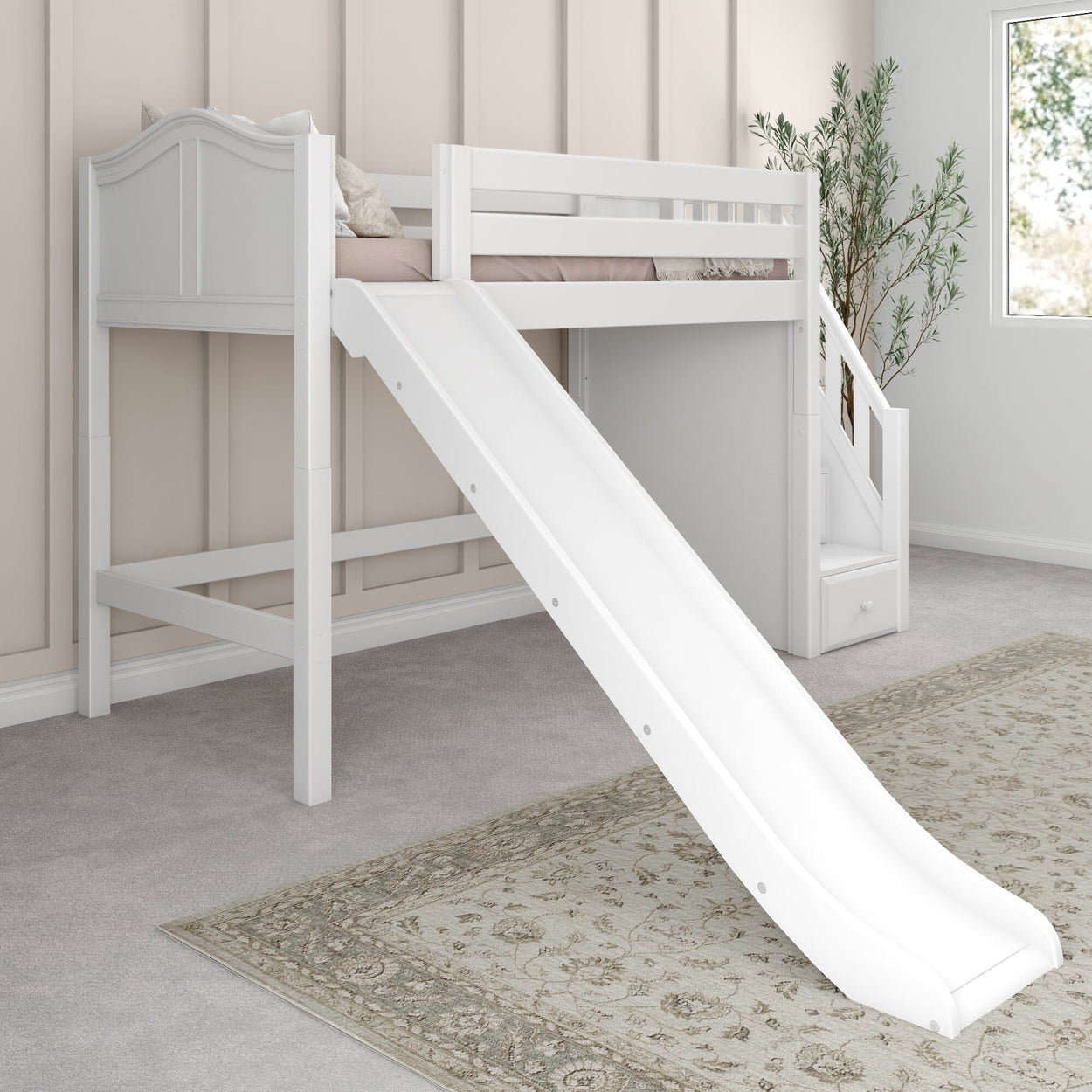 HERO WC : Loft Bed Twin Mid Loft Bed with Stairs + Slide, Curved, White