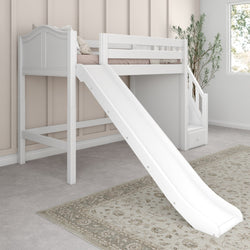 HERO WC : Play Loft Beds Twin Mid Loft Bed with Stairs + Slide, Curved, White