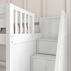 HERO WC : Play Loft Beds Twin Mid Loft Bed with Stairs + Slide, Curved, White