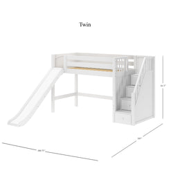 HERO WP : Loft Bed Twin Mid Loft Bed with Stairs + Slide, Panel, White