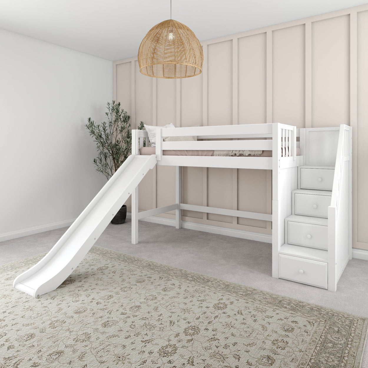 HERO WS : Play Loft Beds Twin Mid Loft Bed with Stairs + Slide, Slat, White