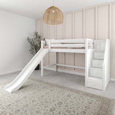 HERO WS : Loft Bed Twin Mid Loft Bed with Stairs + Slide, Slat, White