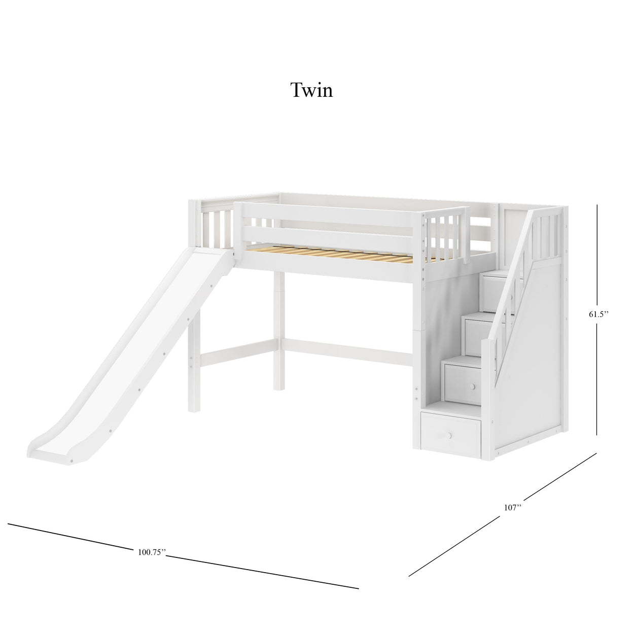 HERO WS : Loft Bed Twin Mid Loft Bed with Stairs + Slide, Slat, White