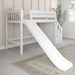 HERO WS : Loft Bed Twin Mid Loft Bed with Stairs + Slide, Slat, White