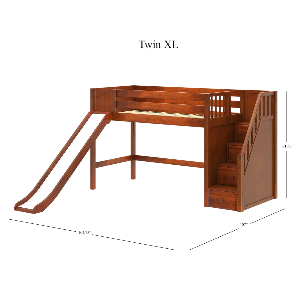 HERO XL CP : Play Loft Beds Twin XL Mid Loft Bed with Stairs + Slide, Panel, Chestnut