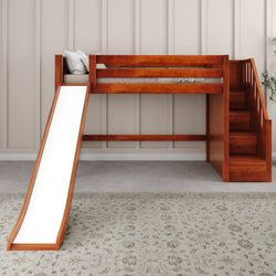 HERO XL CP : Play Loft Beds Twin XL Mid Loft Bed with Stairs + Slide, Panel, Chestnut