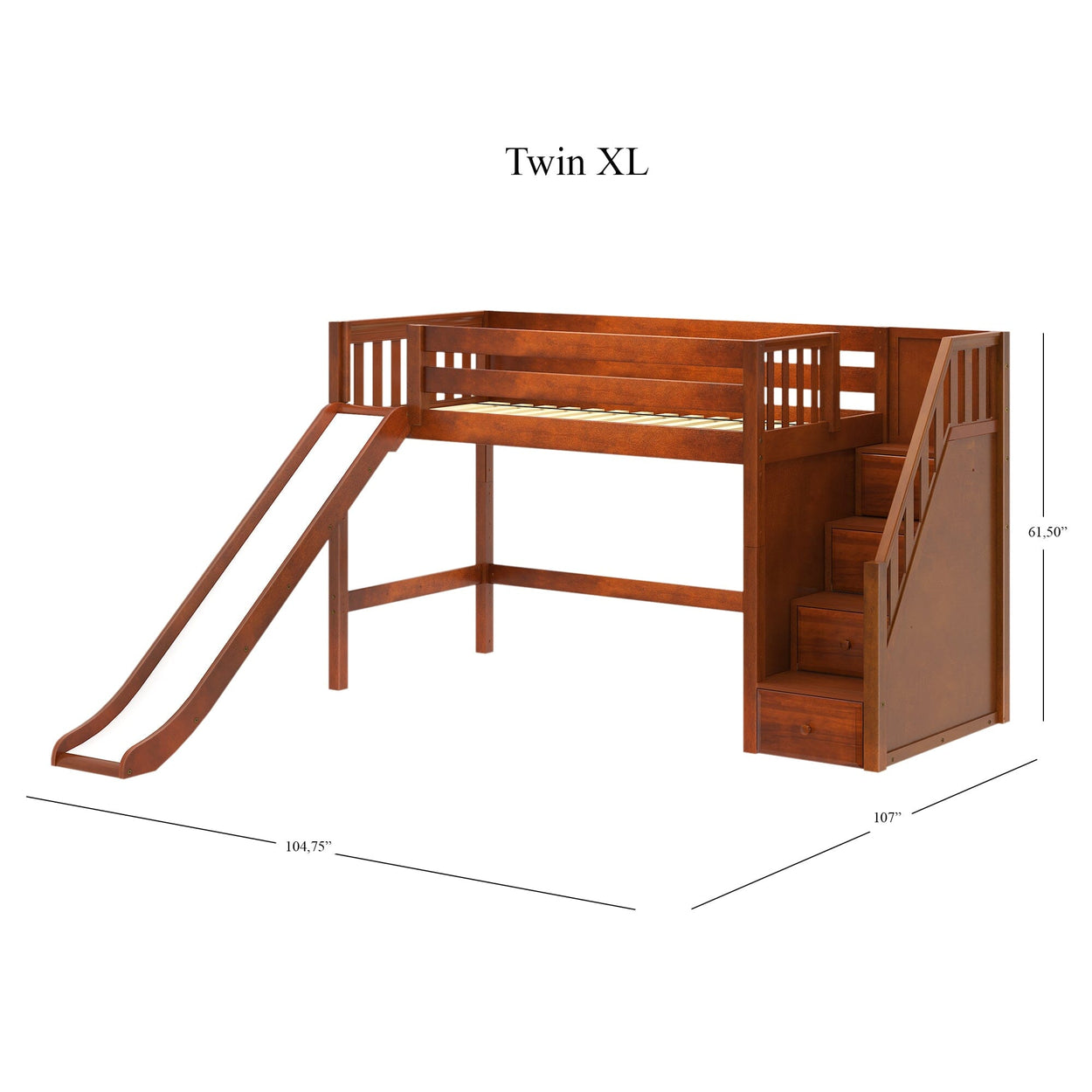 HERO XL CS : Play Loft Beds Twin XL Mid Loft Bed with Stairs + Slide, Slat, Chestnut