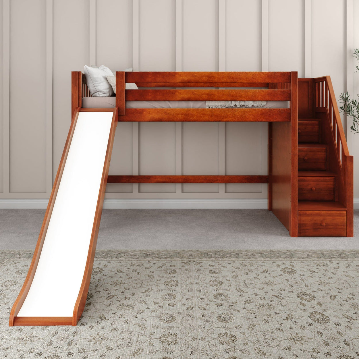 HERO XL CS : Play Loft Beds Twin XL Mid Loft Bed with Stairs + Slide, Slat, Chestnut