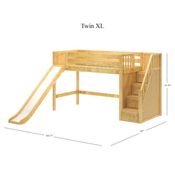 HERO XL NP : Play Loft Beds Twin XL Mid Loft Bed with Stairs + Slide, Panel, Natural