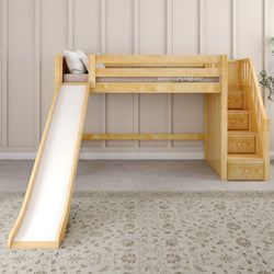 HERO XL NP : Play Loft Beds Twin XL Mid Loft Bed with Stairs + Slide, Panel, Natural