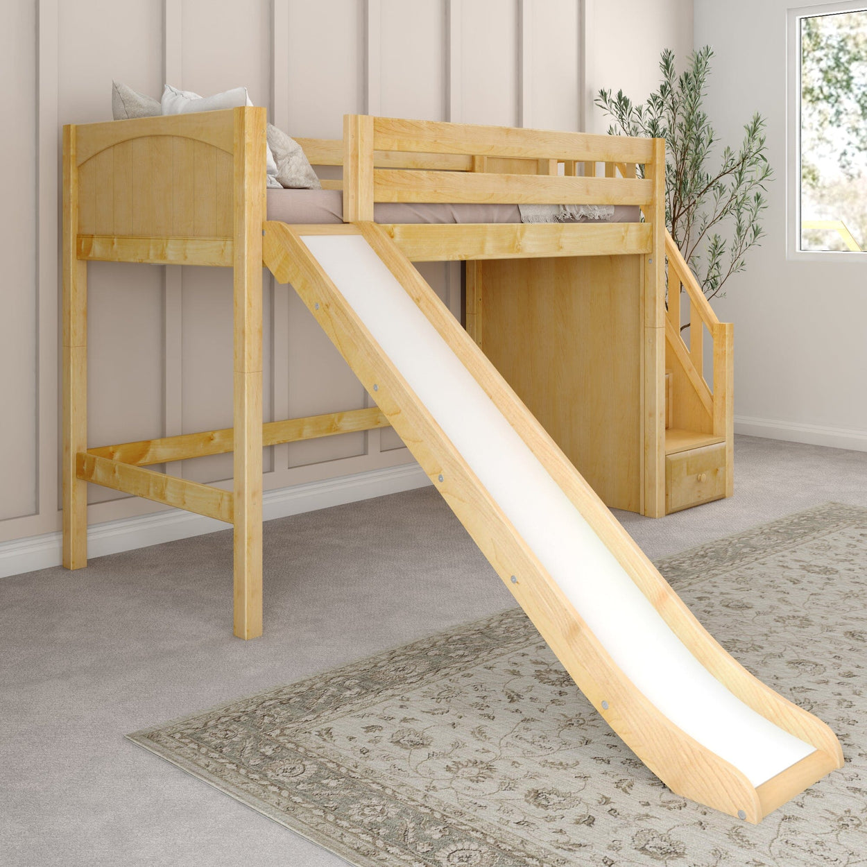 HERO XL NP : Play Loft Beds Twin XL Mid Loft Bed with Stairs + Slide, Panel, Natural