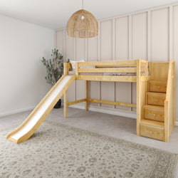 HERO XL NS : Play Loft Beds Twin XL Mid Loft Bed with Stairs + Slide, Slat, Natural