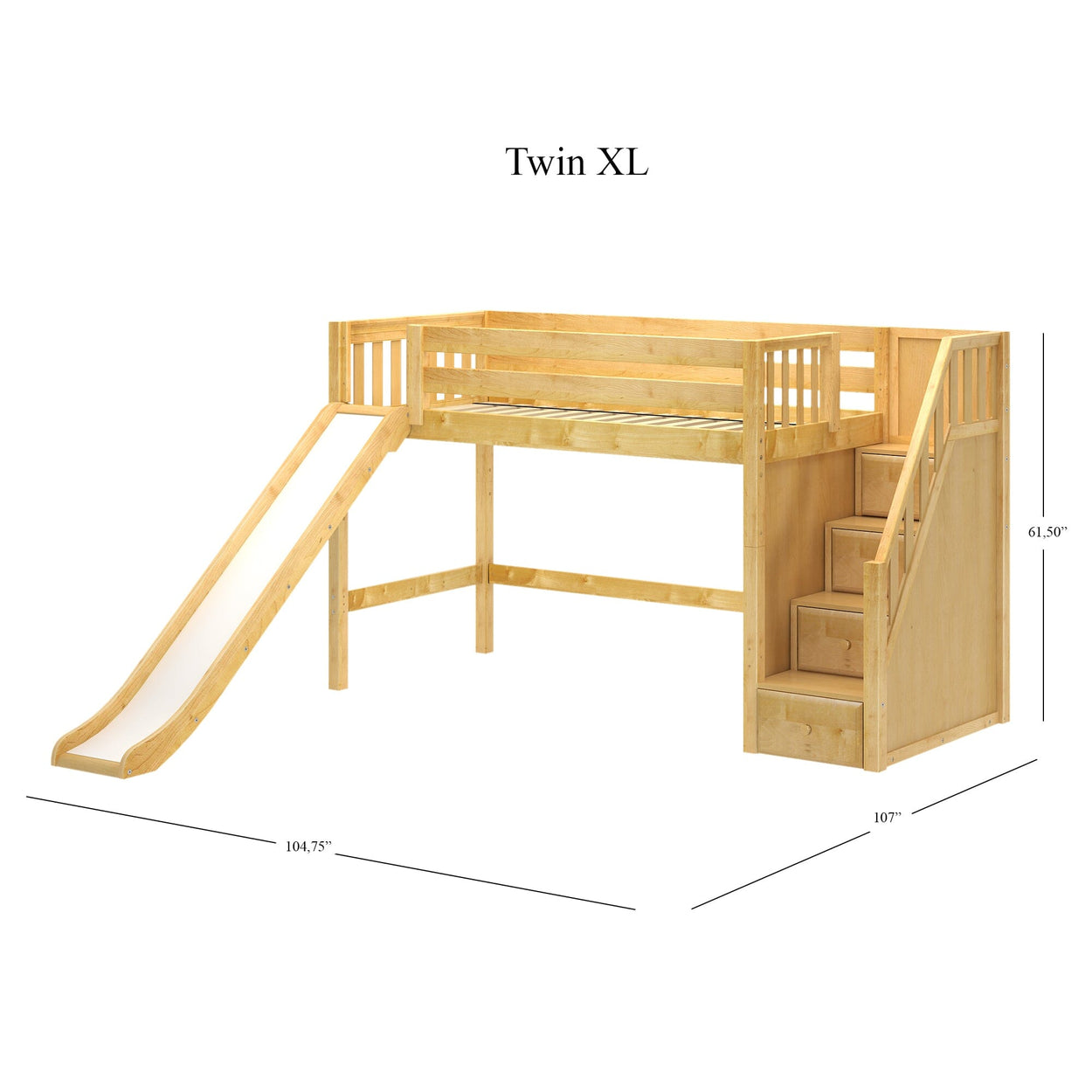 HERO XL NS : Play Loft Beds Twin XL Mid Loft Bed with Stairs + Slide, Slat, Natural