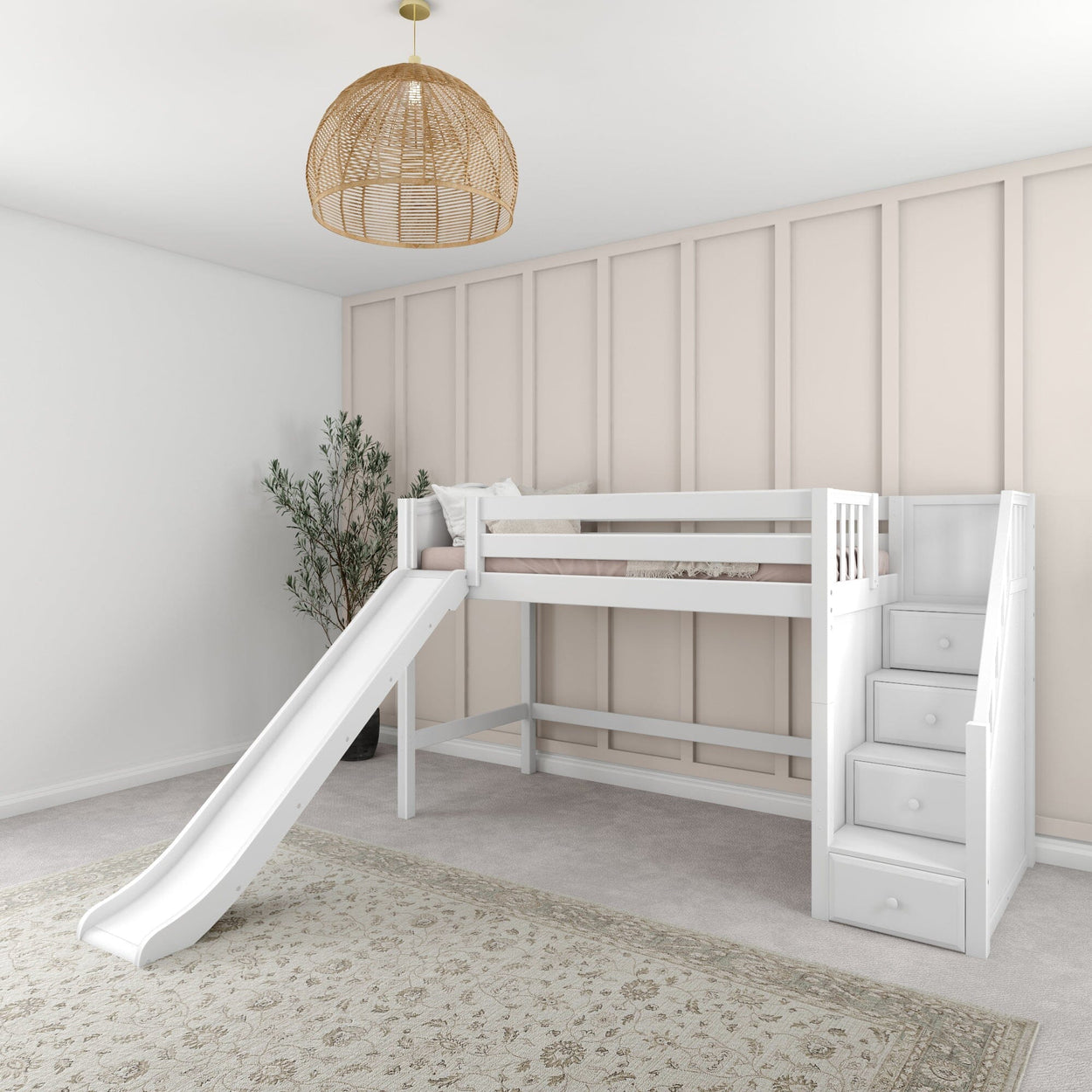 HERO XL WC : Play Loft Beds Twin XL Mid Loft Bed with Stairs + Slide, Curved, White