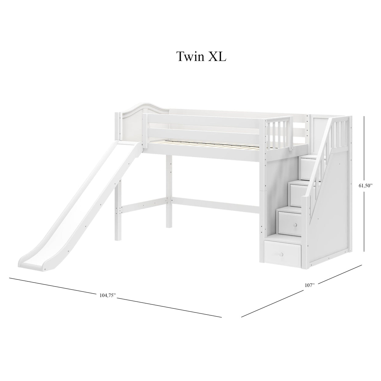 HERO XL WC : Play Loft Beds Twin XL Mid Loft Bed with Stairs + Slide, Curved, White