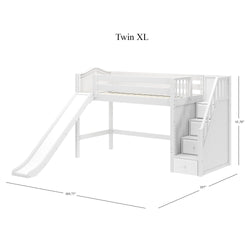 HERO XL WC : Play Loft Beds Twin XL Mid Loft Bed with Stairs + Slide, Curved, White