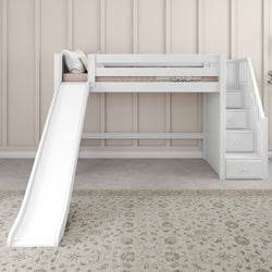 HERO XL WC : Play Loft Beds Twin XL Mid Loft Bed with Stairs + Slide, Curved, White