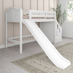 HERO XL WC : Play Loft Beds Twin XL Mid Loft Bed with Stairs + Slide, Curved, White