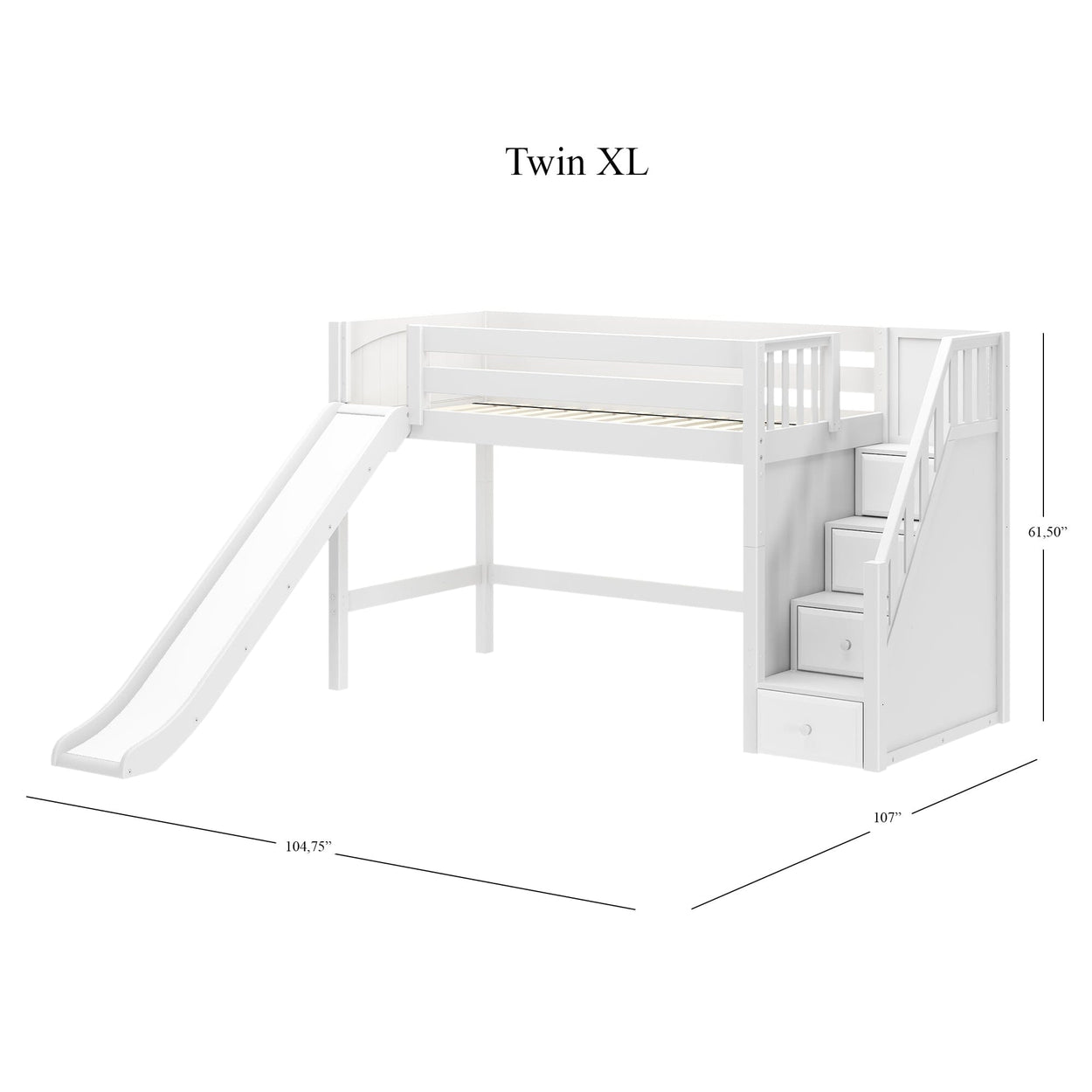 HERO XL WP : Play Loft Beds Twin XL Mid Loft Bed with Stairs + Slide, Panel, White